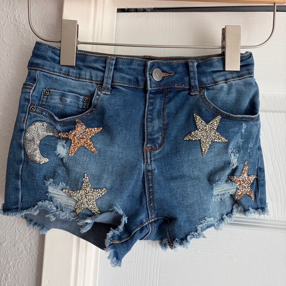 Kidpik Girls Denim Star & Moon Embellished Short Shorts - Blue